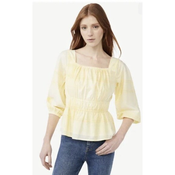 Free Assembly 3/4 Sleeve Square Neck Top Peplum Hem Cadmium Yellow Plaid Size XL - Picture 3 of 14